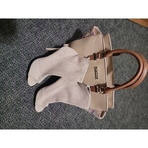 Cape Robbin Boots 8 Tan‎ Fabric Peep Toe Open Back Stacked Heel Bootie Free Bag